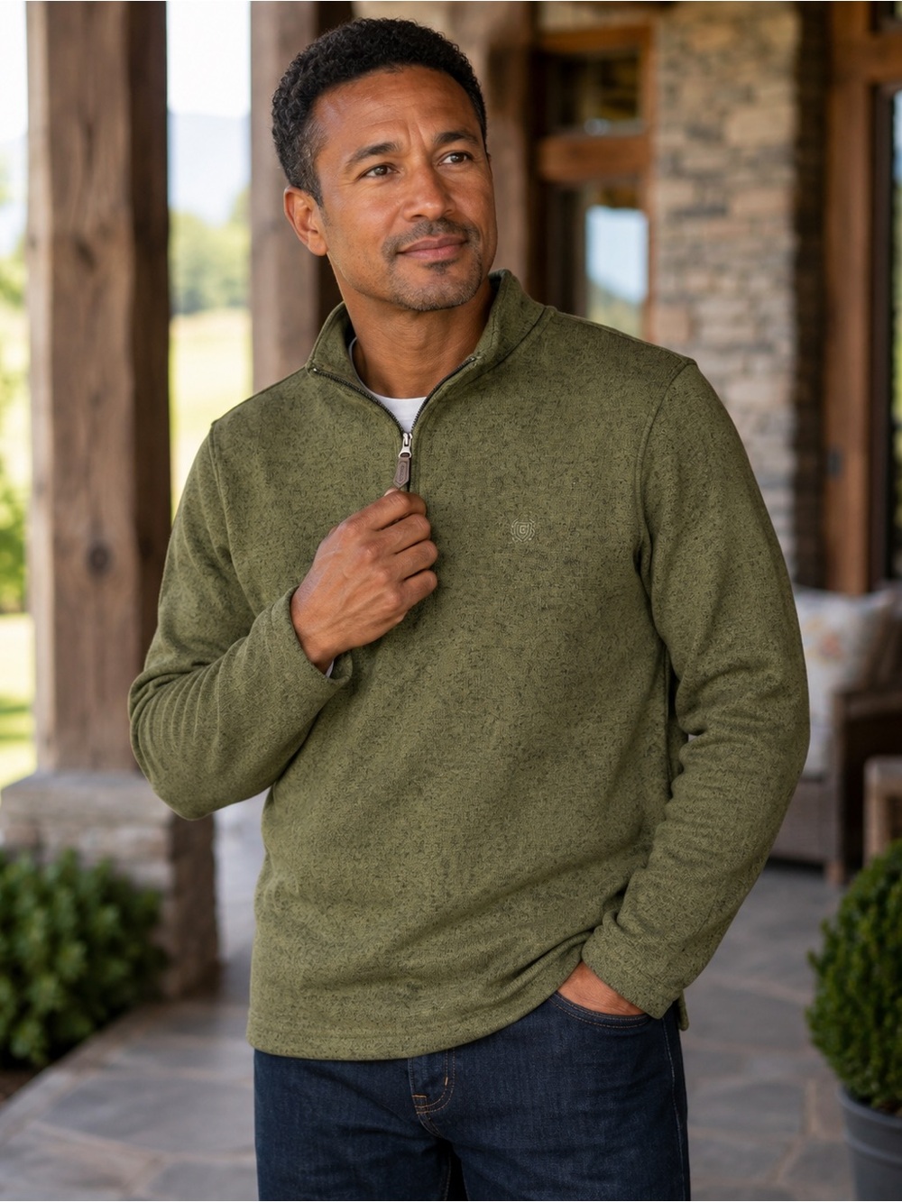 Chaps Men's Olive Quarter-Zip Sweater Fleece Pullover Size Large